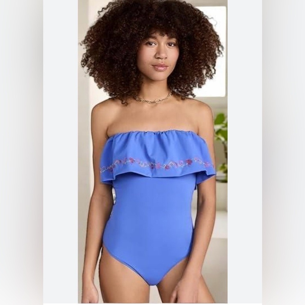 Caroline Constas Blue Ruffled One Piece Swimsuit
